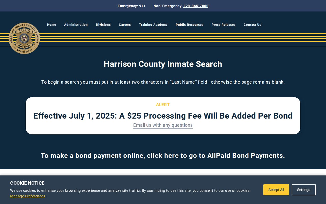 Harrison County official inmate search and current-custody roster information