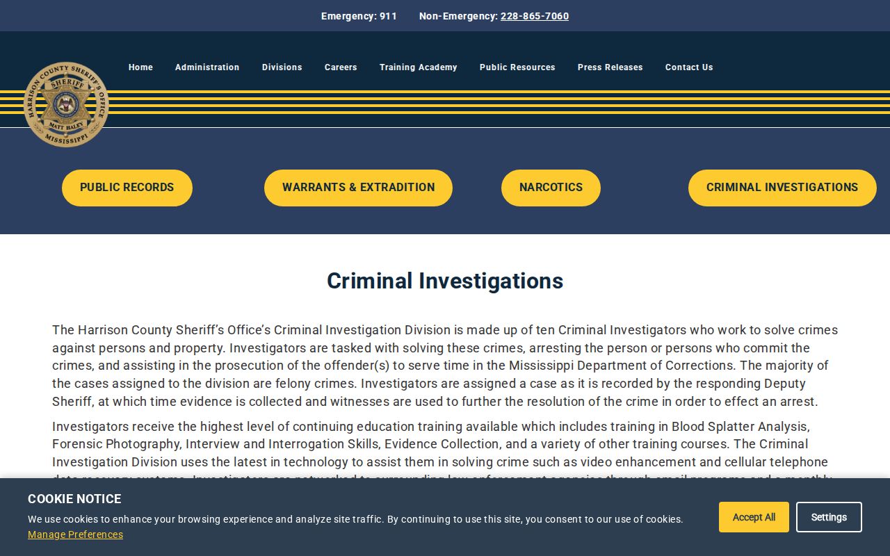Harrison County Sheriff investigations and official warrant-information source